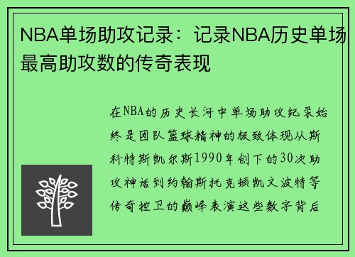NBA单场助攻记录：记录NBA历史单场最高助攻数的传奇表现