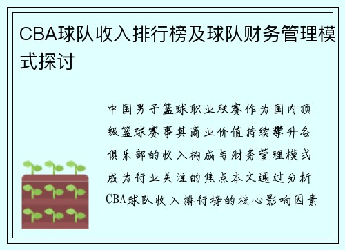 CBA球队收入排行榜及球队财务管理模式探讨